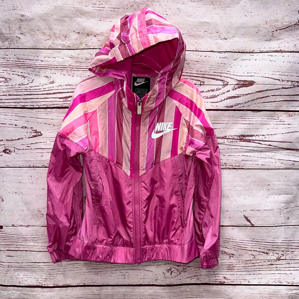 Nike Pink Striped Hooded Windbreaker Jacket